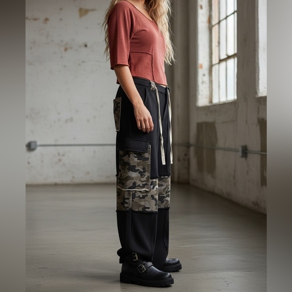 NWT POL Camo Camouflage Cargo Wide Leg Drawstring Casual Pants Black - Picture 5 of 7